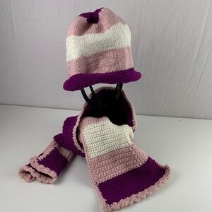 Handmade Striped Knit Beanie with Matching Scarf - Pink & Purple